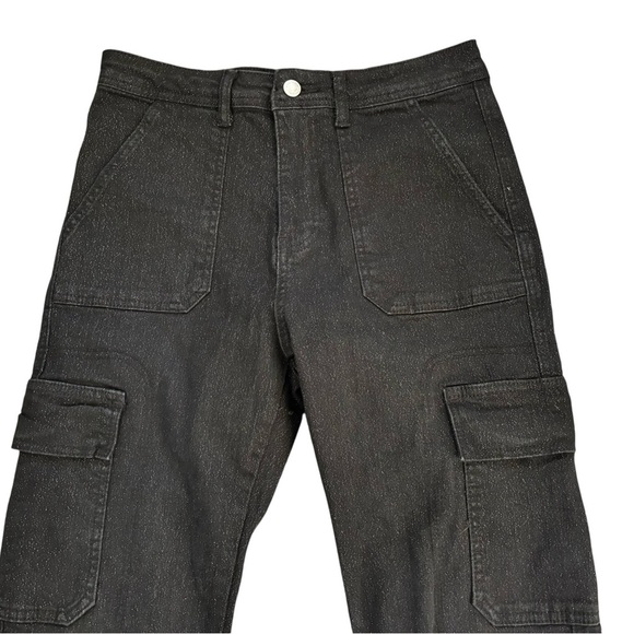 Forever 21 Juniors Black Glitter Cargo High Rise Flare Leg Jean 29X32” Stretch - Picture 2 of 8